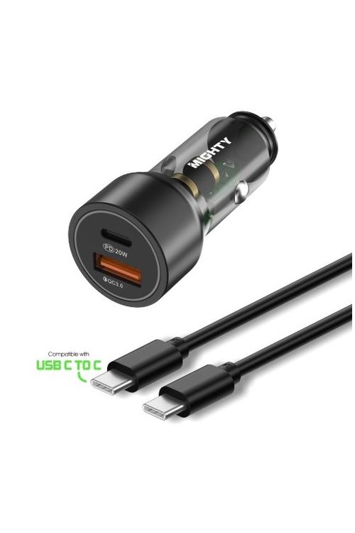 Mighty 38W Chrome Fast PD USB Car Charger and 3FT C to C Cable Black MK164
