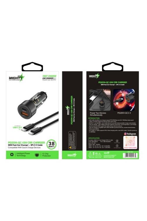 Mighty 38W Chrome Fast PD USB Car Charger and 3FT C to C Cable Black MK164