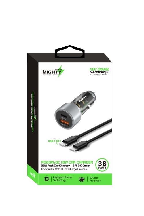 Mighty 38W Chrome Fast PD USB Car Charger and 3FT C to C Cable Silver MK165