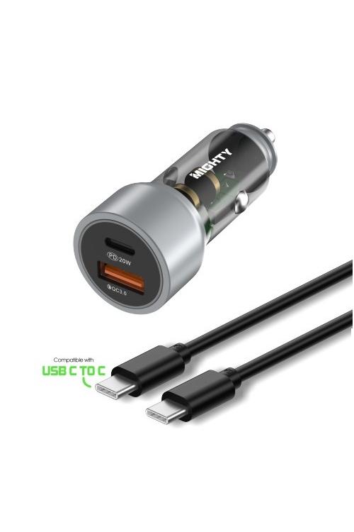 Mighty 38W Chrome Fast PD USB Car Charger and 3FT C to C Cable Silver MK165