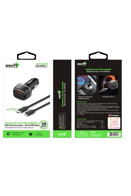 Mighty 38W Fast PD USB Car Charger and 3FT C to 8-Pin Cable Combo Black MK158