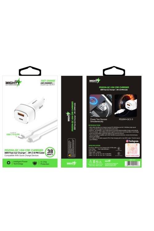 Mighty 38W Fast PD USB Car Charger and 3FT C to 8-Pin Cable Combo White MK157