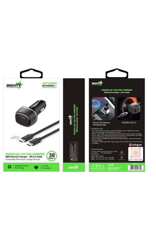 Mighty 38W Fast PD USB Car Charger and 3FT C to C Cable Combo Black MK156