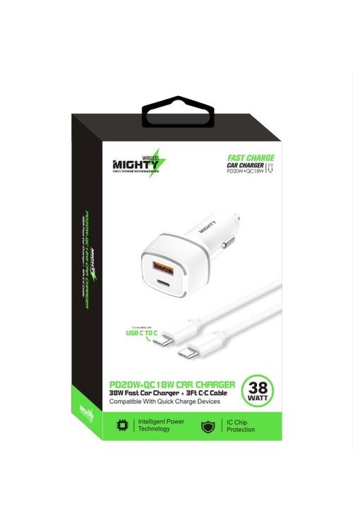 Mighty 38W Fast PD USB Car Charger and 3FT C to C Cable Combo White MK155 
