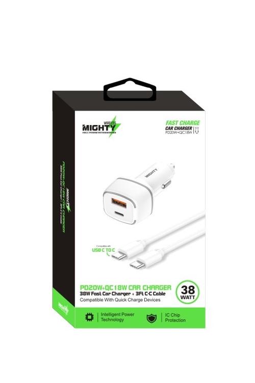 Mighty 38W Fast PD USB Car Charger and 3FT C to C Cable Combo White MK155 