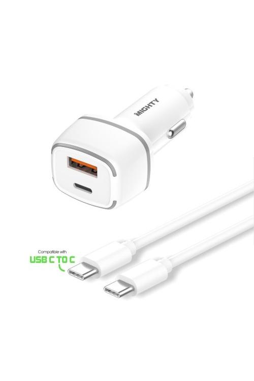 Mighty 38W Fast PD USB Car Charger and 3FT C to C Cable Combo White MK155 