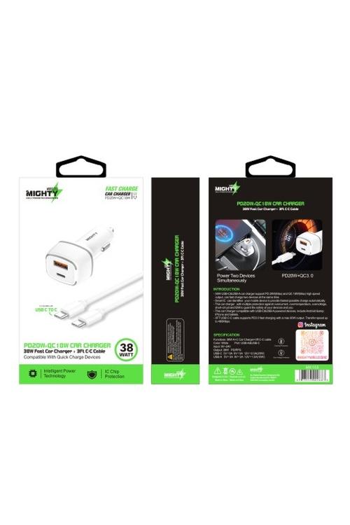 Mighty 38W Fast PD USB Car Charger and 3FT C to C Cable Combo White MK155 