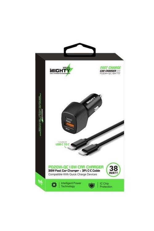 Mighty 38W PD USB Car Charger and 3FT C to C Cable Combo Black MK154
