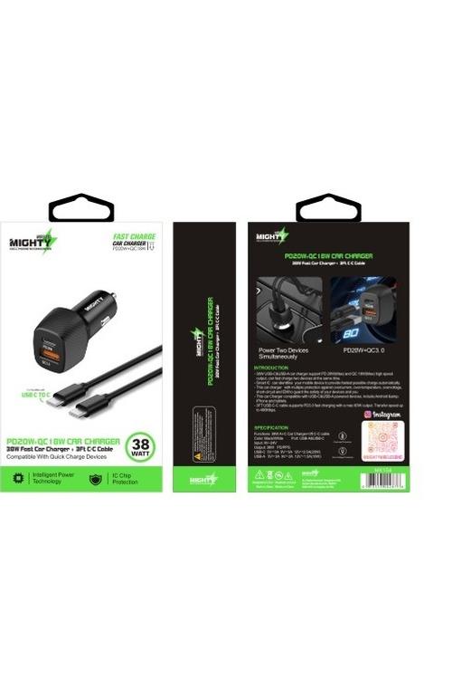 Mighty 38W PD USB Car Charger and 3FT C to C Cable Combo Black MK154