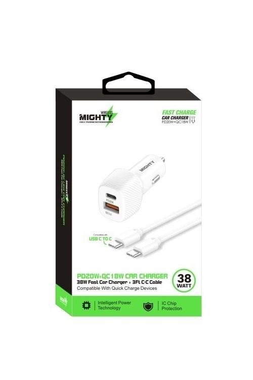 Mighty 38W PD USB Car Charger and 3FT C to C Cable Combo White MK153