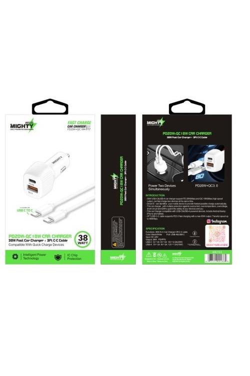 Mighty 38W PD USB Car Charger and 3FT C to C Cable Combo White MK153