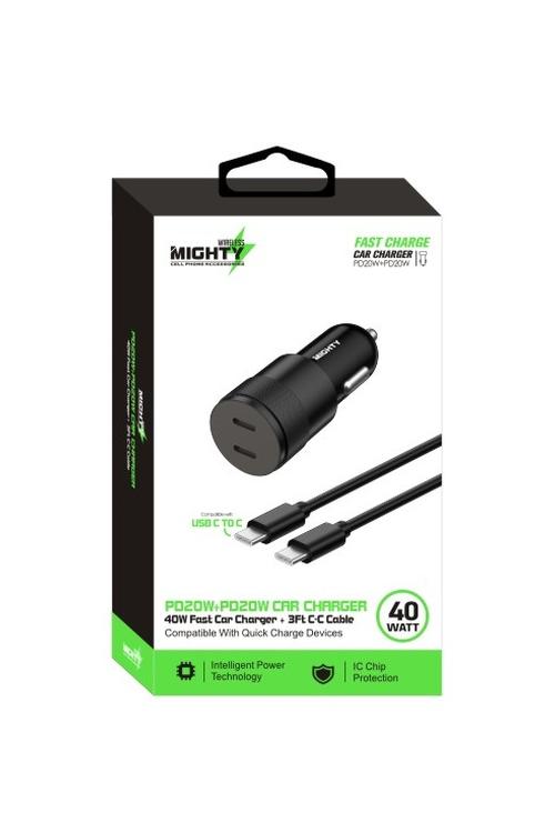 Mighty 40W Fast Dual PD Car Charger and 3FT C to C Cable Combo Black MK163