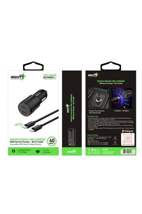Mighty 40W Fast Dual PD Car Charger and 3FT C to C Cable Combo Black MK163