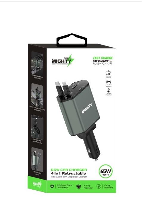 Mighty 65W Fast Charging Retractable 4 In 1 Car Charger MK151