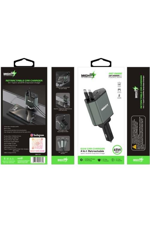 Mighty 65W Fast Charging Retractable 4 In 1 Car Charger MK151