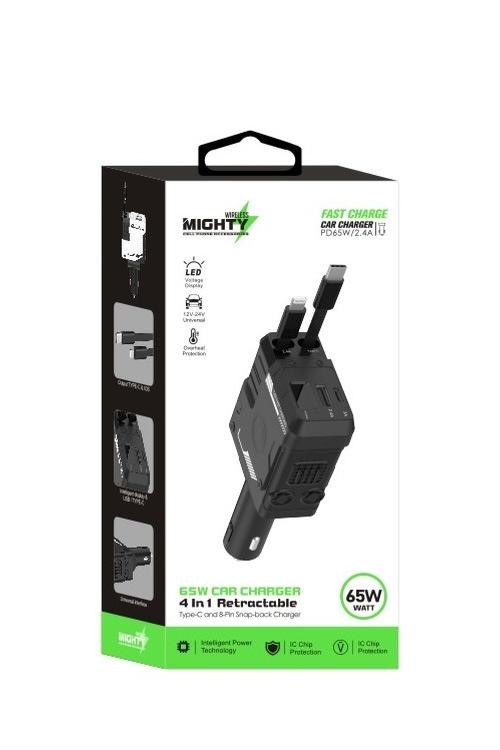 Mighty 65W Fast Charging Retractable 4 In 1 Car Charger MK152