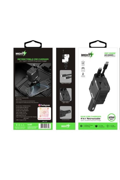 Mighty 65W Fast Charging Retractable 4 In 1 Car Charger MK152