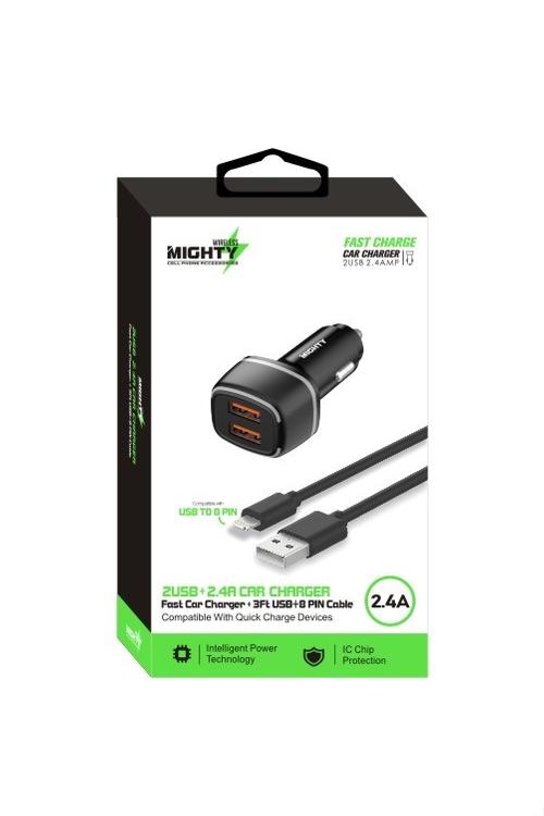 Mighty Fast 2.4A Dual USB Car Charger and 3FT 8-Pin Cable Combo Black MK162