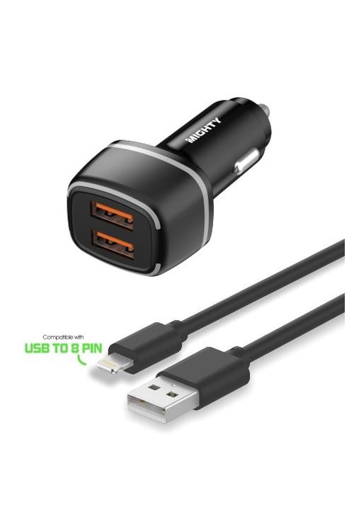Mighty Fast 2.4A Dual USB Car Charger and 3FT 8-Pin Cable Combo Black MK162
