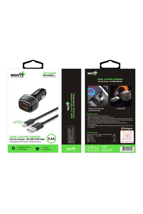 Mighty Fast 2.4A Dual USB Car Charger and 3FT 8-Pin Cable Combo Black MK162