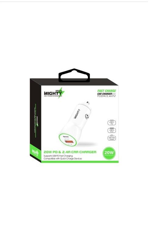 Mighty Fast Charging 20W PD + 2.4A USB Car Charger White MK148