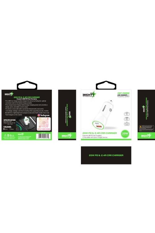 Mighty Fast Charging 20W PD + 2.4A USB Car Charger White MK148