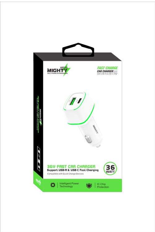 Mighty Fast Charging 36W PD Car Charger with USB Port White MK31