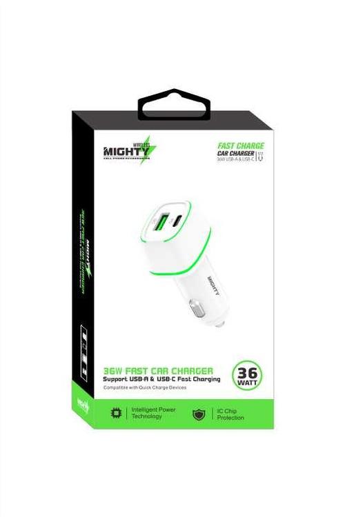 Mighty Fast Charging 36W PD Car Charger with USB Port White MK31