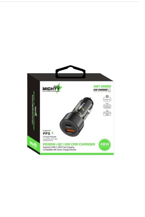 Mighty Fast Charging 48W PD and Qualcomm USB Transparent Car Charger Black MK149