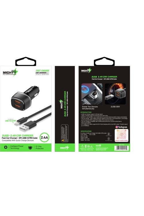 Mighty Fast Dual USB Car Charger and 3FT 8-Pin Cable Combo Black MK162