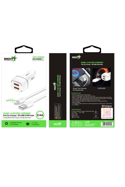 Mighty Fast Dual USB Car Charger and 3FT 8-Pin Cable Combo White MK161