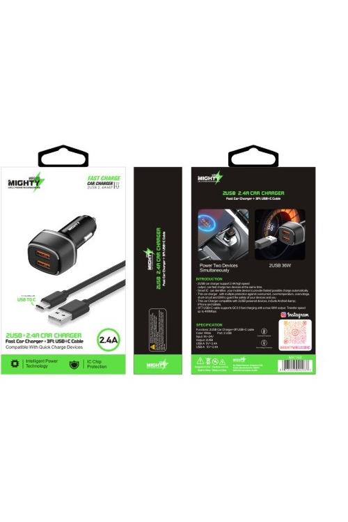 Mighty Fast Dual USB Car Charger and 3FT Type C Cable Combo Black MK160