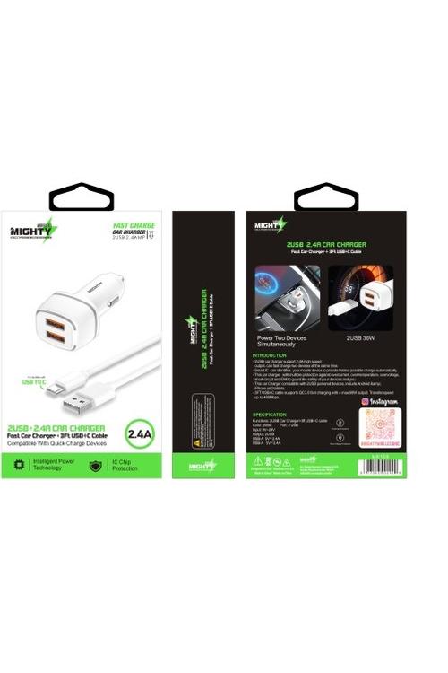 Mighty Fast Dual USB Car Charger and 3FT Type C Cable Combo White MK159