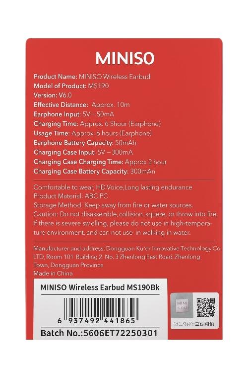 Miniso Wireless Earbuds Open Ear Long-Lasting Endurance and HD Voice Black MS190