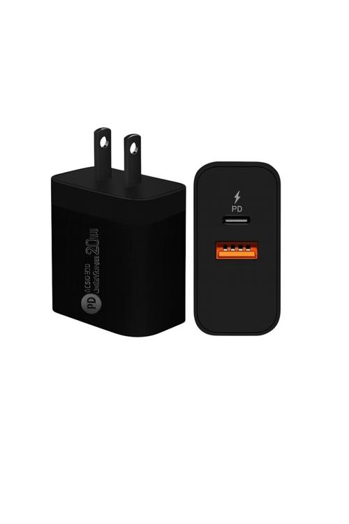 PD Wall Charger with USB and Type-C Port PD20 Black