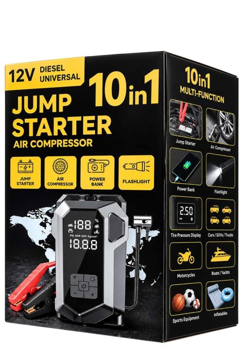 Portable 10in1 Vehicle Jump Starter, Tire Inflator and Power Bank X004ZMNEML
