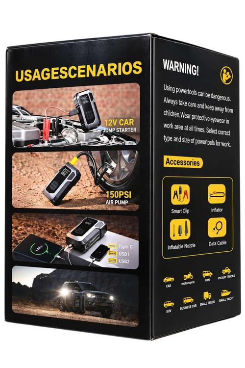 Portable 10in1 Vehicle Jump Starter, Tire Inflator and Power Bank X004ZMNEML