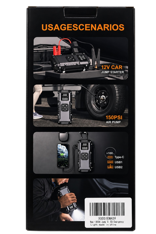 Portable 8000A, 10in1 Car Jump Starter with Air Compressor, Power Bank and Flashlight X0051EMA59