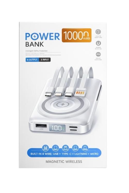 Portable Magnetic Wireless Power Bank 10000mAh with Built-In Charging Cables White ,Black ,Blue ,Purple MW917