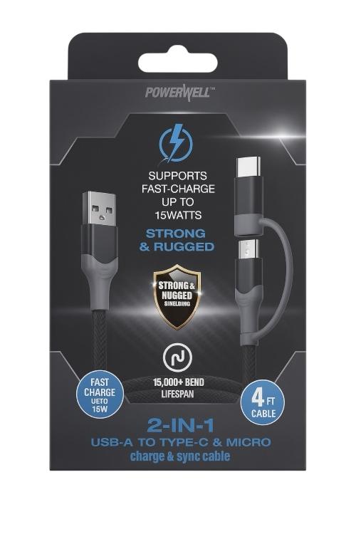Powerxcel 4FT 2in1 Kevlar USB-A to Micro and Type-C Fast Charging Cable KMC4