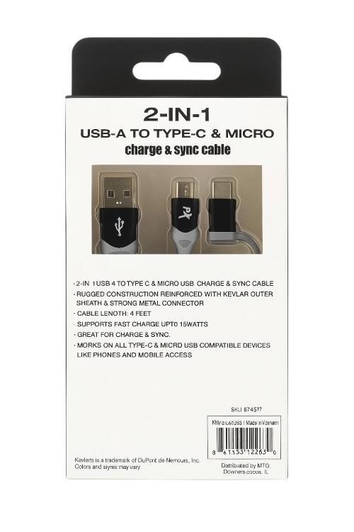 Powerxcel 4FT 2in1 Kevlar USB-A to Micro and Type-C Fast Charging Cable KMC4