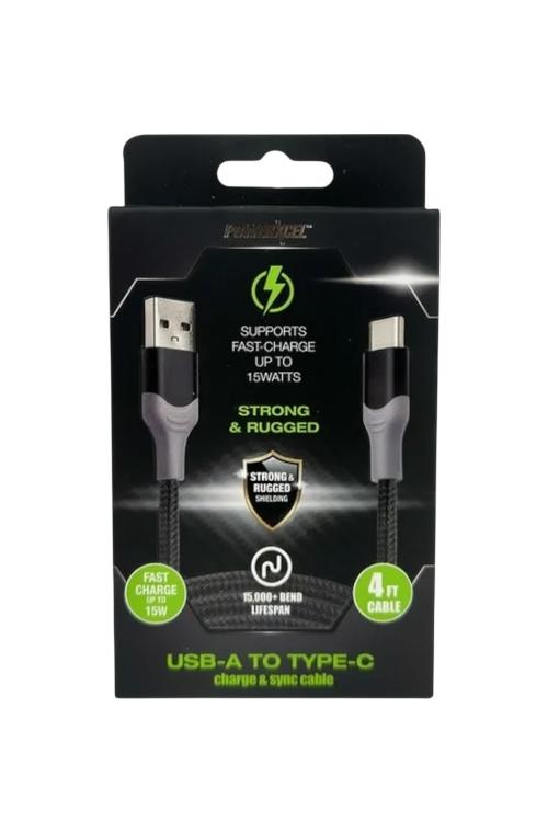 Powerxcel 4FT Kevlar USB-A to Type-C Fast Charging Cable Black 4UAC