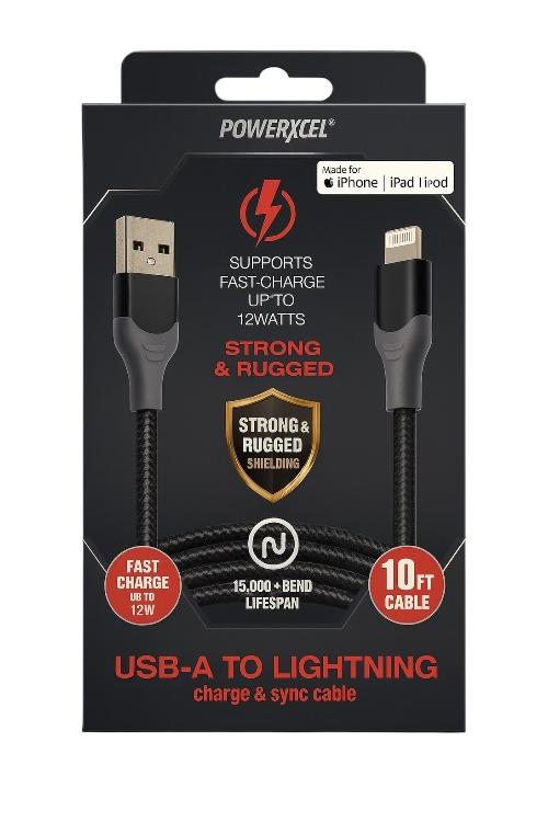 Powerxcel Kevlar 10FT USB-A to Lightning Fast Charging Cable Black 10KUL
