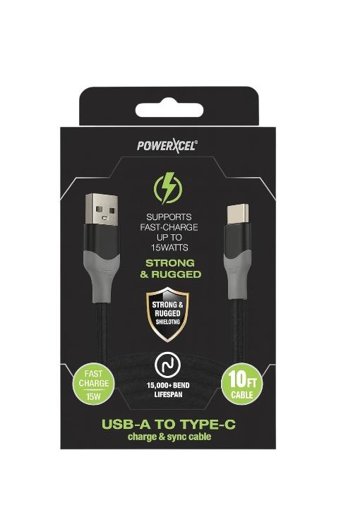 Powerxcel Kevlar 10FT USB-A to Type-C Fast Charging Cable Black 10KUC