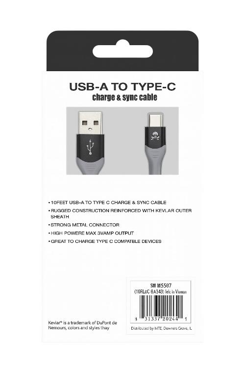 Powerxcel Kevlar 10FT USB-A to Type-C Fast Charging Cable Black 10KUC