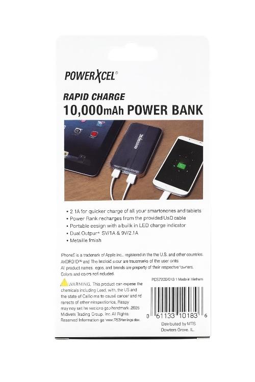 Powerxcel Power Bank 10000mAh Dual Output Portable Lightweight 2X Faster and Slim Black RCS10