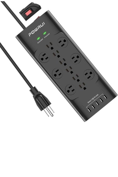 Powrui Power Strip 6FT Heavy Duty Extension Cord with 12 Outlet and 5 USB Ports 5V/6A 30W Black AHR089
