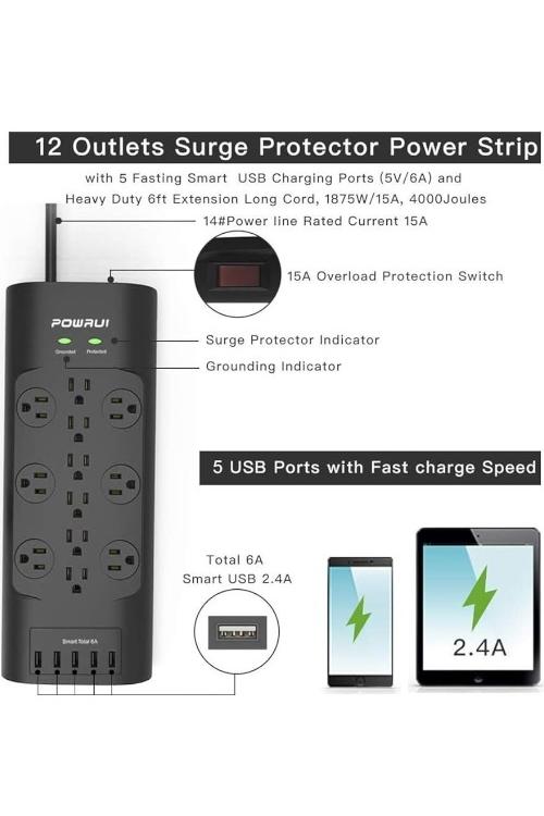 Powrui Power Strip 6FT Heavy Duty Extension Cord with 12 Outlet and 5 USB Ports 5V/6A 30W Black AHR089