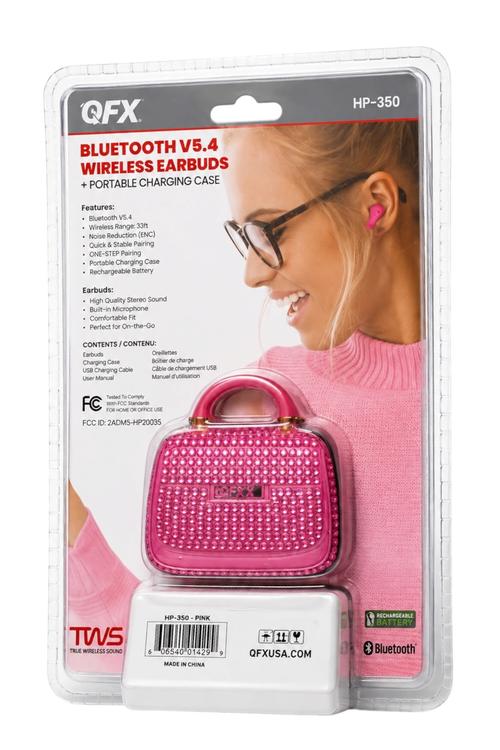 QFX Bluetooth 5.4 TWS Wireless Earbuds with Portable Charging Case, Built-in Mic and Up to 10 Hours Playtime Pink HPE300