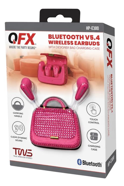 QFX Bluetooth 5.4 TWS Wireless Earbuds with Portable Charging Case, Built-in Mic and Up to 10 Hours Playtime Pink HPE300